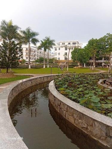 two people swimming in a pond of water lilies at MOTEL Đồng Khởi in Giồng Tú Ðiền