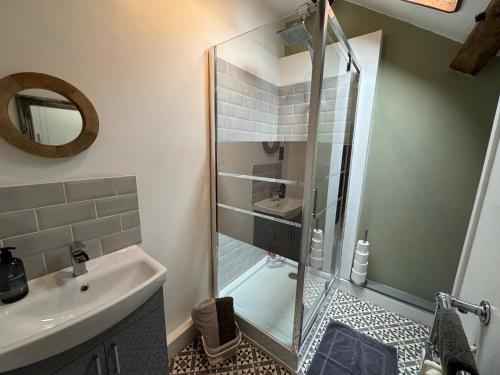 a bathroom with a shower and a sink and a mirror at Abbey Cottage in Llangollen