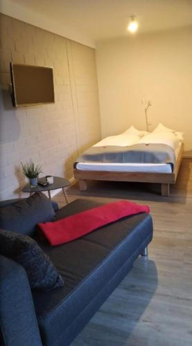 a living room with a couch and a bed at Hempen Fied Gästehaus - Apartment 4 in Bad Zwischenahn