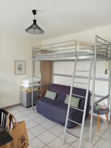 - une chambre avec 2 lits superposés et des draps violets dans l'établissement Studio terrasse calme à La Rochelle, à La Rochelle