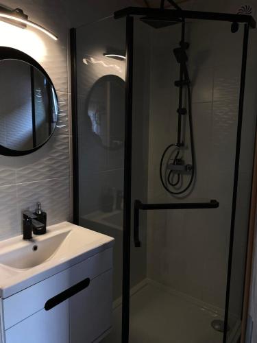 a bathroom with a sink and a shower with a mirror at Domki Pod Świerkami in Jezierzany