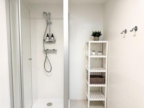 a bathroom with a shower and a white shelf at Cozy & Modern 2 BR Apartment in peaceful Area in Vienna