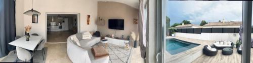 - une vue sur un salon avec une piscine dans l'établissement Maison agréable pour vacances réussies, à Vernègues