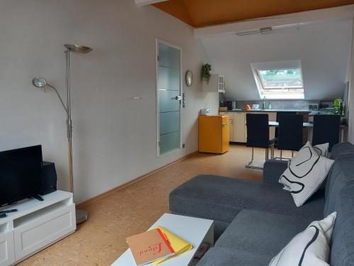 a living room with a blue couch and a kitchen at Ferienwohnung im roten Haus, die Therme ist fußläufig in 350m zu erreichen in Bad Ems