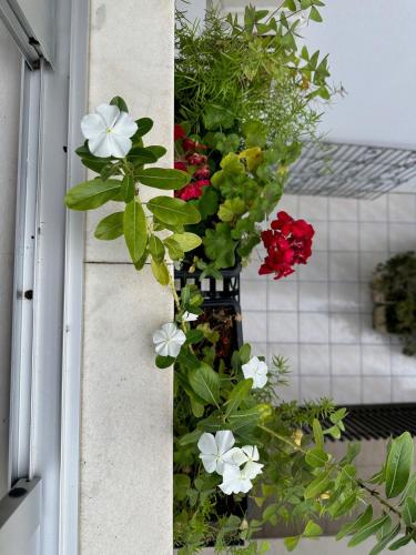 a vase filled with flowers on the side of a window at Apartamento no centro in Pomerode