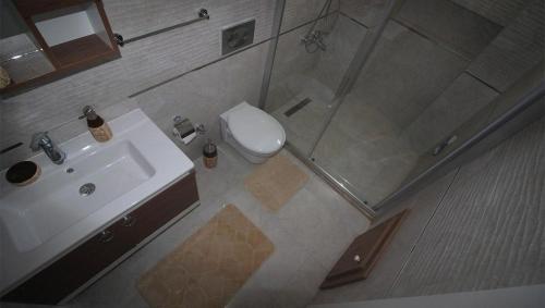 a bathroom with a shower and a toilet and a sink at Oludeniz Villa with Private Pool in Fethiye