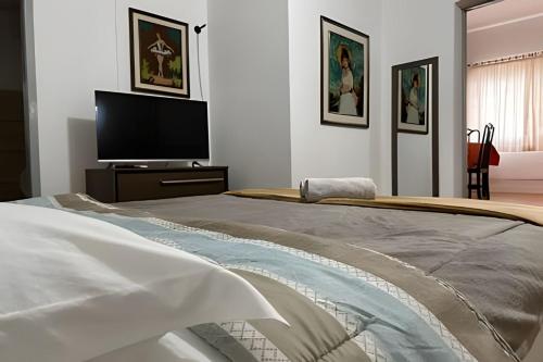 a bedroom with a bed and a flat screen tv at Apartamento no Centro 2 in Pomerode