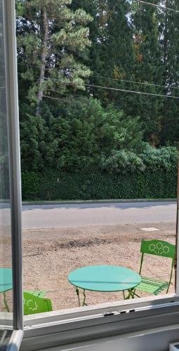 a view of a table and chairs from a window at LES CERISIERS Mb4 - Mb5 - Mb6 in Damparis