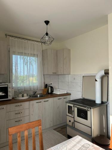 a kitchen with white cabinets and a stove top oven at Kuća Pod Brezama 