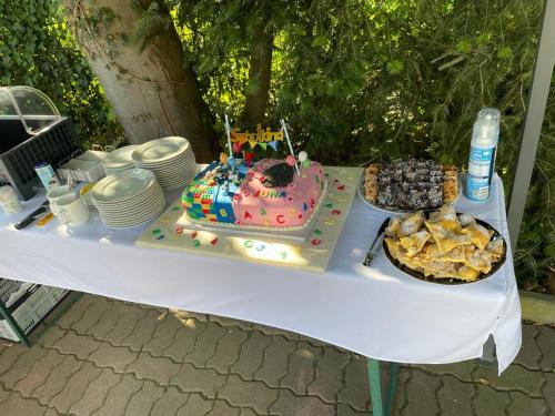 a table with a birthday cake and food on it at Pension Lachmann in Pfaffendorf
