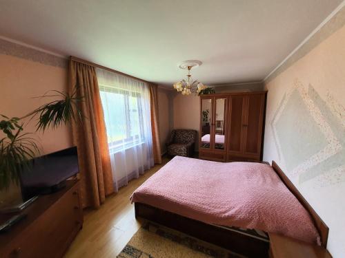 a bedroom with a bed and a tv and a window at Lavanda in Verkhovyna