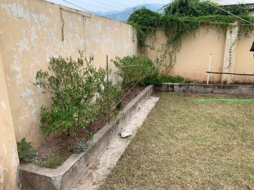 a garden with a retaining wall and some bushes at Private Retreat in Muzaffarabad