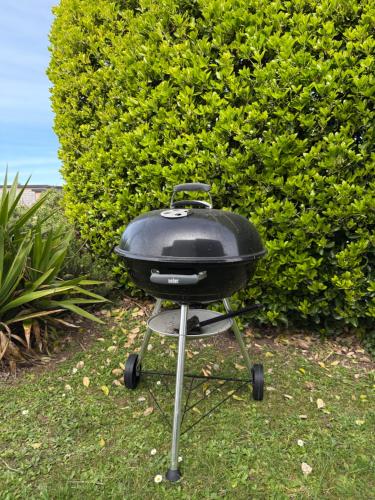 un gril noir assis sur un banc dans l'herbe dans l'établissement Maison d'architecte 9p - 400m de la mer & du bourg, à Santec
