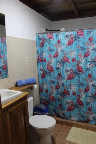 a bathroom with a shower curtain with red birds on it at Brisas del Caribe 3 in Tapantí