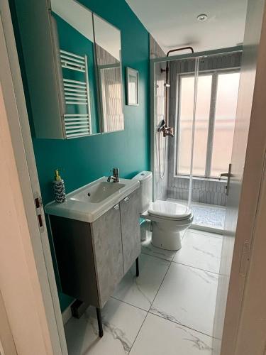 une salle de bain avec toilettes et lavabo dans l'établissement Grand appartement climatisé en plein centre de Bordeaux Place Fernand Lafargue, à Bordeaux