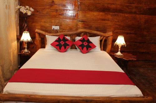 a bedroom with a bed with two red pillows at Choona Lodge 'view of sigiriya & pidurangala with sunrise' in Sigiriya