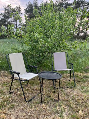 two chairs and a table in the grass at KEMPINGS Kareļi in Liepāja