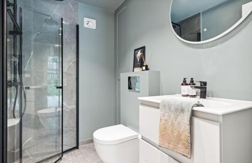 a bathroom with a toilet and a sink and a mirror at Super family home - central location! in Oslo