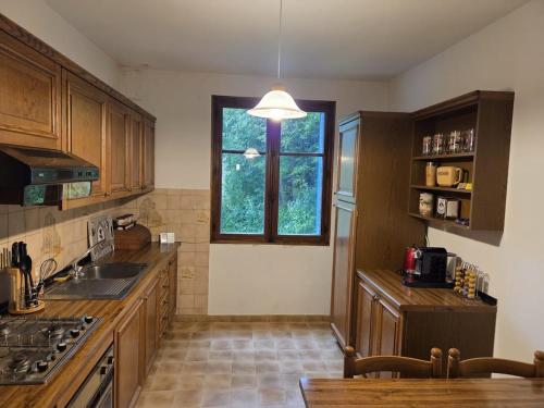 une cuisine avec des armoires en bois et une fenêtre dans l'établissement Appartement à la montagne, à Saint Firmin