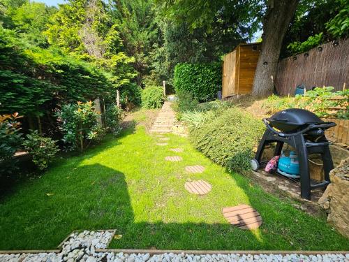 a garden with a lawn with a stone pathway at Appartement avec jardin dans un château in Lissieu