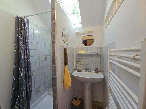 une petite salle de bain avec un lavabo et une douche dans l'établissement Gîte de caractère avec piscine partagée au cœur du Périgord Noir - FR-1-616-484, à Berbiguières