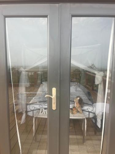 a door with a teddy bear sitting on a table at Pampagrass View in Santa Isabel