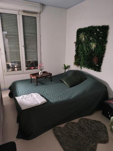 - une chambre avec un grand lit vert et une table dans l'établissement Appartement agréable, à Saint-Denis