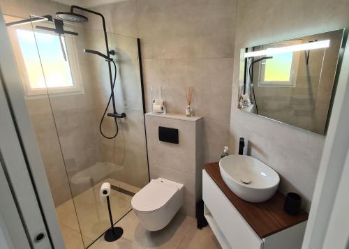 une salle de bain avec une douche, des toilettes et un lavabo dans l'établissement 140 m2 villa with pool in Pernes-Les-Fontaines, à Pernes-les-Fontaines