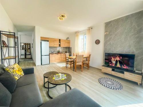 a living room with a couch and a fireplace at Cozy Lagoon Apartment in Lezhë