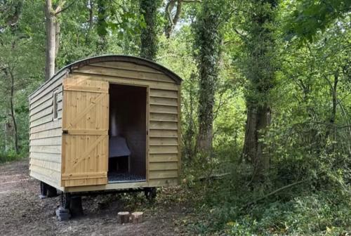 a wooden shed in the middle of a forest at Little Brook Glamping in Salfords