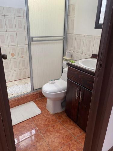 a bathroom with a toilet and a shower and a sink at Villas manuel antonio in Quepos