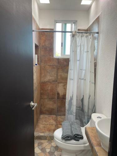 a bathroom with a shower with a toilet and a sink at Quinta Colinas Oaxtepec in Oaxtepec