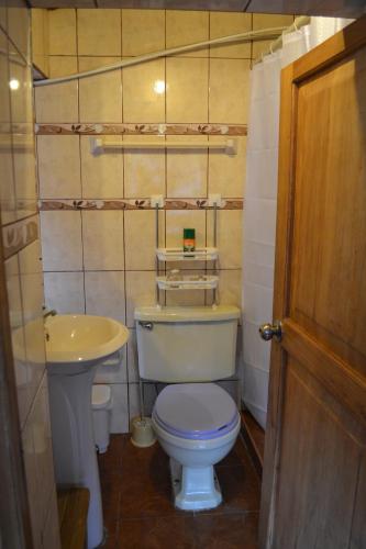 ein kleines Badezimmer mit Toilette und Waschbecken in der Unterkunft Cabaña rodeada de naturaleza en Ollantaytambo in Ollantaytambo