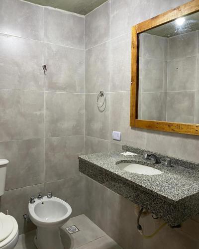 a bathroom with a sink and a toilet and a mirror at Cabañas Peumayen in Colón