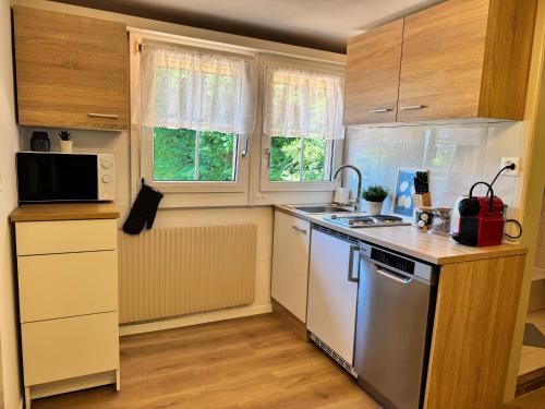 a small kitchen with a stove and a microwave at River 4-Kissed Retreat with Iconic Jungfraujoch View in Interlaken