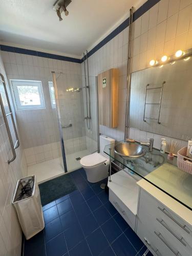 a bathroom with a sink and a toilet and a shower at A Casa de São Pedro de Moel in São Pedro de Moel