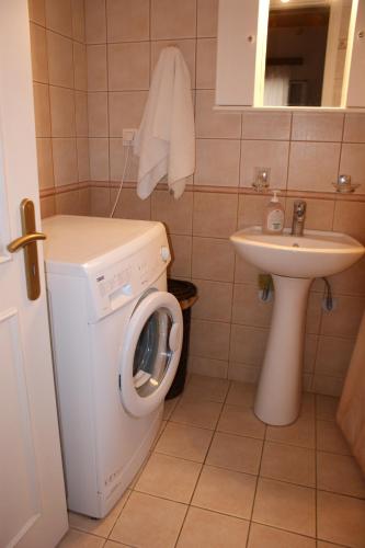 a bathroom with a washing machine and a sink at Villa Hector in Lefkada