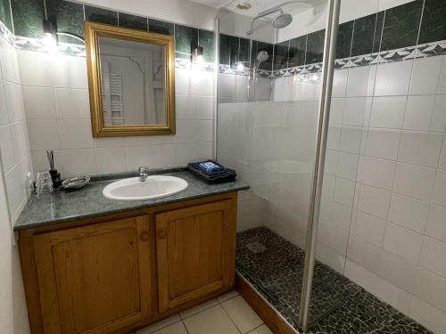 une salle de bain avec un lavabo et une douche dans l'établissement Ferme Saint Martin le Redon, à Soturac