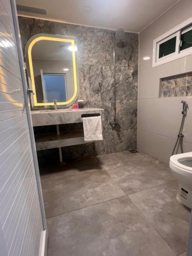 a bathroom with a sink and a mirror at Private in Dargai