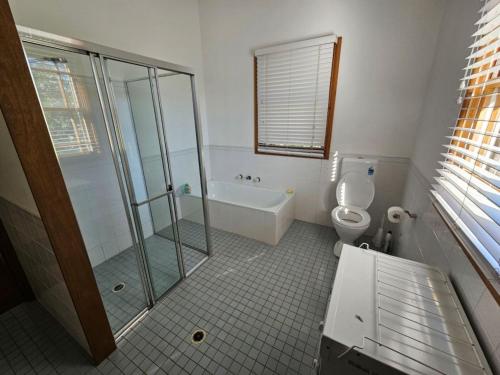a bathroom with a shower and a toilet and a tub at Cliff Cottage - Noraville in Norah Head