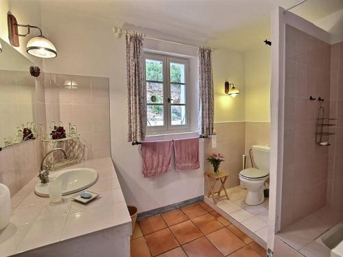 une salle de bain avec un lavabo et des toilettes et une fenêtre dans l'établissement Villa in Salernes with Pool and Scenic Views, cleaning included, à Salernes