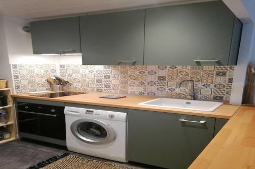 une cuisine avec une machine à laver et un évier dans l'établissement Studio in Antibes near the Beach, cleaning included, à Antibes
