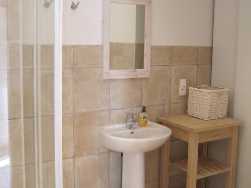 une salle de bain avec un lavabo et un miroir dans l'établissement Cottage in Pyrenees with Pool & Golf, cleaning included, à Buzon