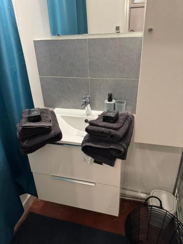 une salle de bain avec un lavabo et des serviettes sur un comptoir dans l'établissement Ciotappart, à La Ciotat