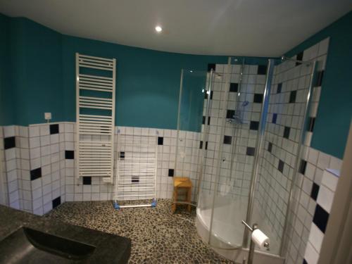 une salle de bain avec douche et lavabo dans l'établissement Castle Apartment in France with Pool, cleaning included, à Serrières-en-Chautagne