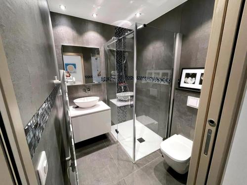 une salle de bain avec une douche, des toilettes et un lavabo dans l'établissement Villa in Gaou with Sea View and Beach, cleaning included, à Bormes-les-Mimosas