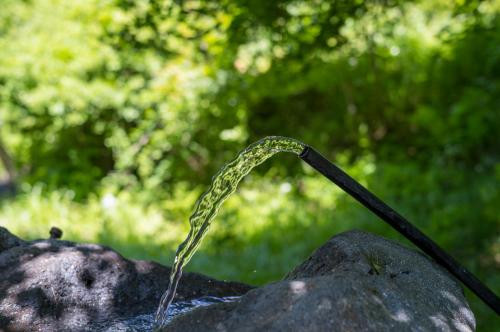 a water hose sticking out of a rock at 焼乃湯 in Takayama