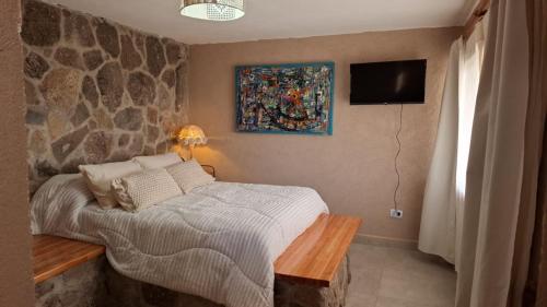 a bedroom with a bed and a tv on the wall at Cabaña Casa Flor Bru in Villa Yacanto