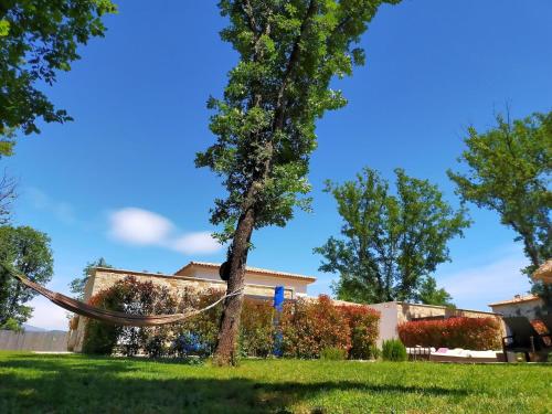 a tree with a hammock in a yard at Modern Villa with Pool in Montauroux France in Montauroux