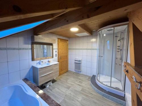 une salle de bain avec une baignoire, une douche et un lavabo dans l'établissement Chalet in Ventron near La Bresse Ski Area, cleaning included, à Ventron